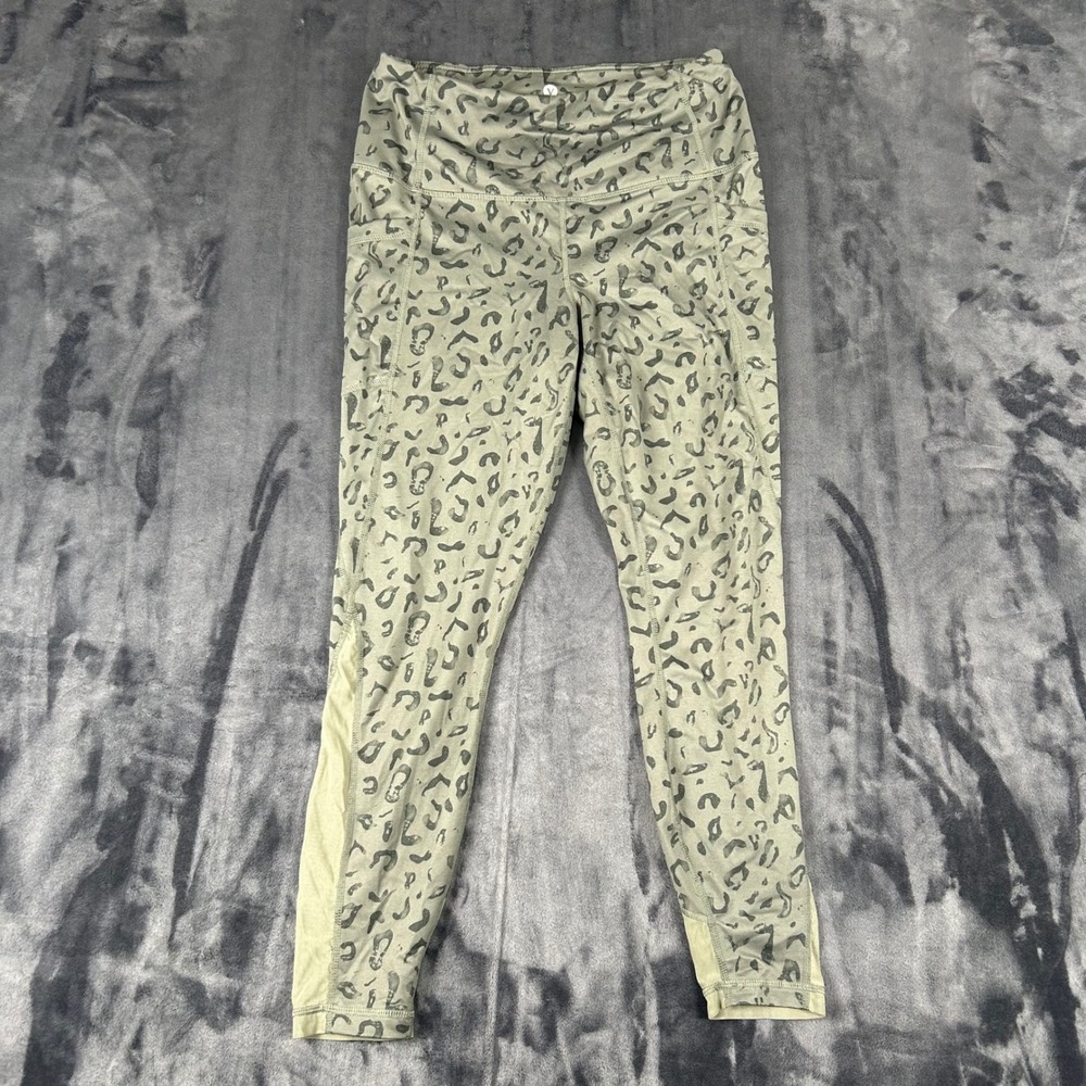 Velocity Leggings Womens Medium Green Leopard Print High Rise Mesh Pockets